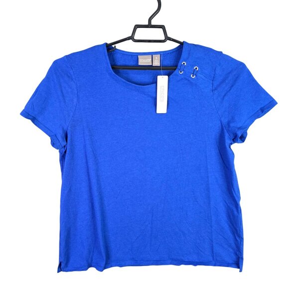 Womens Chico's Blue Knit Blouse Short Sleeve Round Neck Cotton Blend Size 3 - Picture 1 of 9